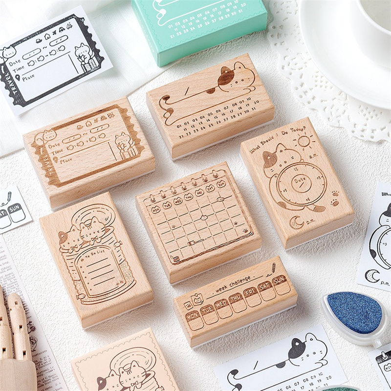 Rubber Date Stamp - Leuke Kat Houten Rubberstempel Maandelijkse Kalender